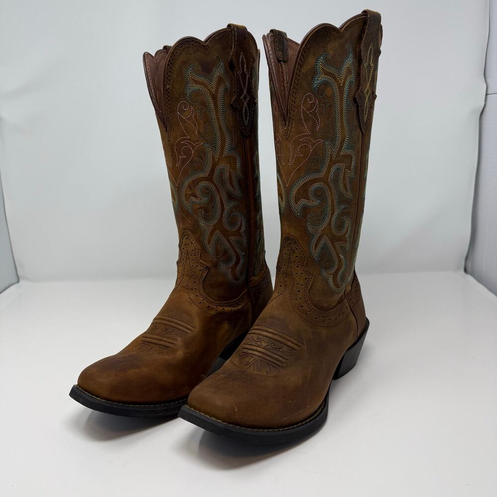 Justin Stampede Western Boots Womens 7B Brown Green Yellow Pink Cowboy